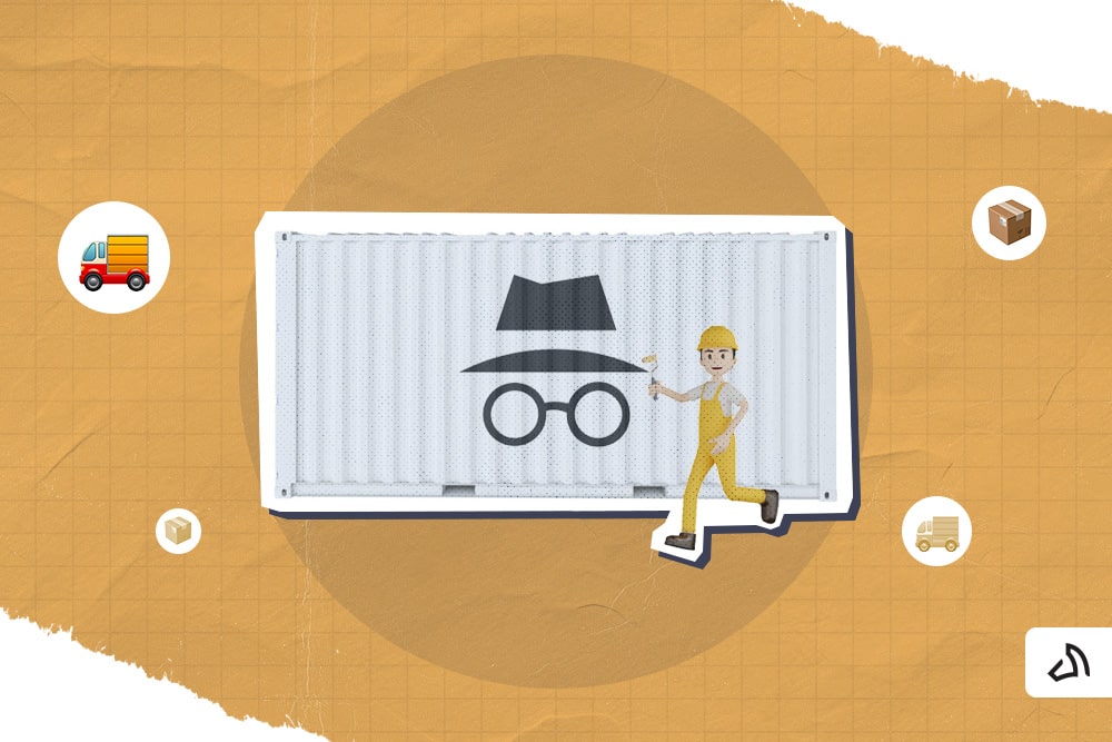 A white shipping container with an incognito image and a person holding a paint roller