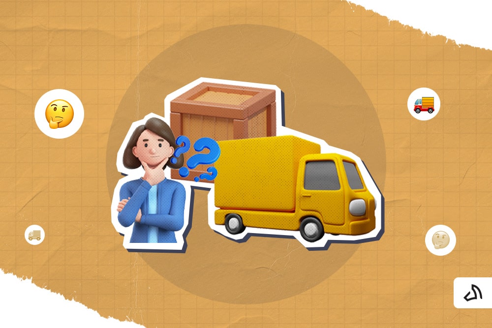 A woman thinking with a delivery van and a wooden crate behind her