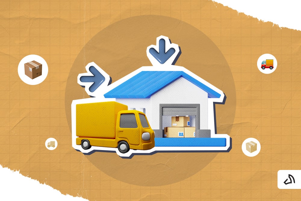 A yellow delivery beside a warehouse with arrows pointing at it