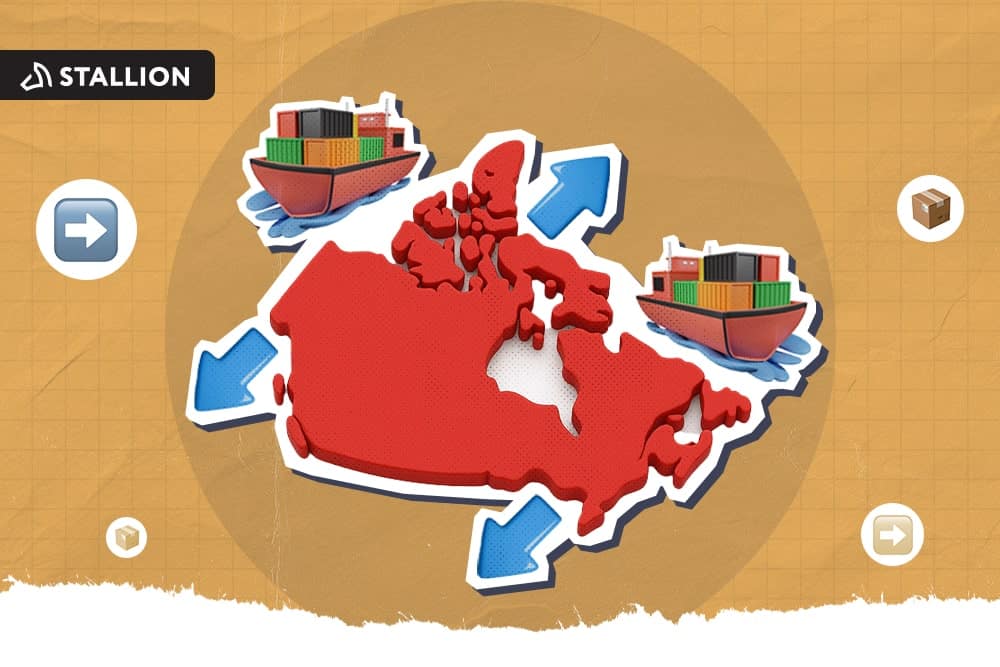 The Canadian map surrounded by arrows and cargo ships