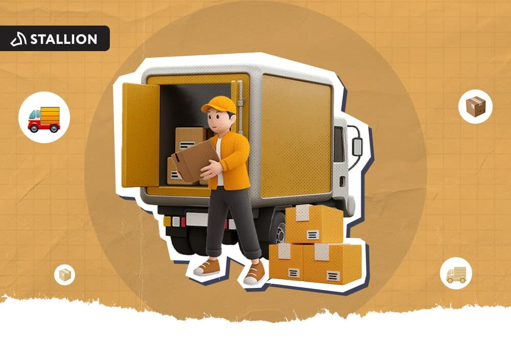 The delivery truck holding a box outside an open delivery truck