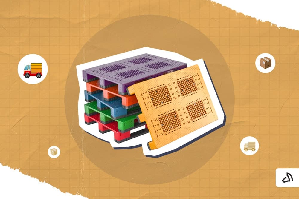 A stack of differently coloured plastic pallets