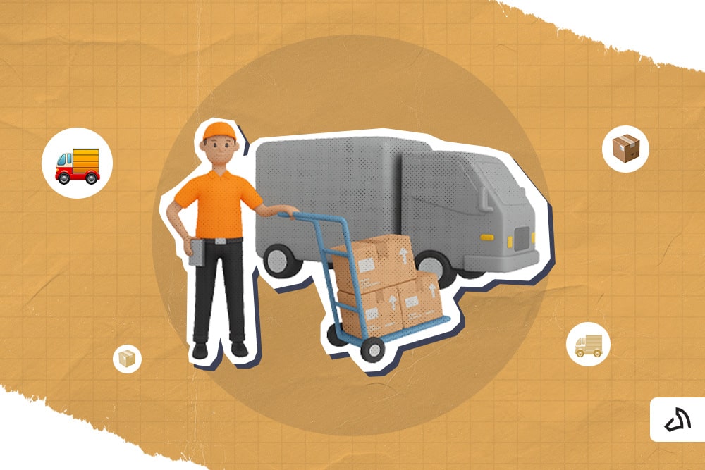 A delivery man holding a trolley of brown boxes with a delivery van behind him