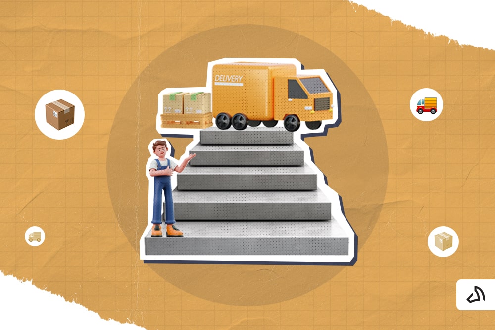 A man standing on the stairs with a delivery van and a pallet of boxes on top